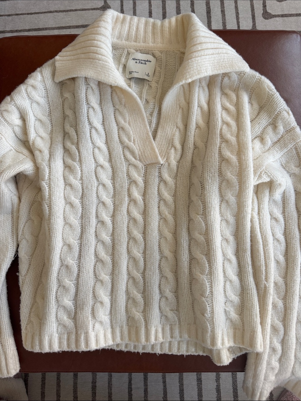 Abercrombie & Fitch Cream Cable-Knit V-Neck Polo Sweater
